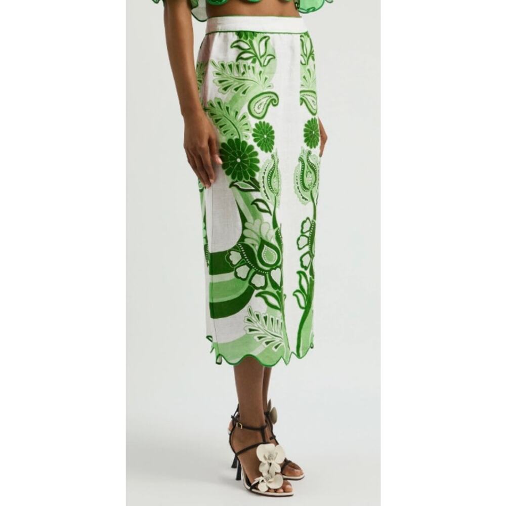 FARM Rio Green Color Festival Linen Midi Skirt Floral Print XS